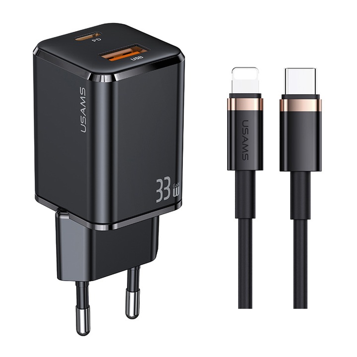 Стенно зарядно, Usams, Lightning/USB-C кабел, 33 W, черно