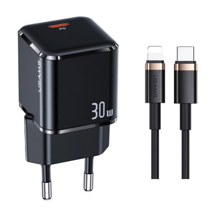 Fali töltő, Usams, Lightning/USB-C, 30 W, Fekete