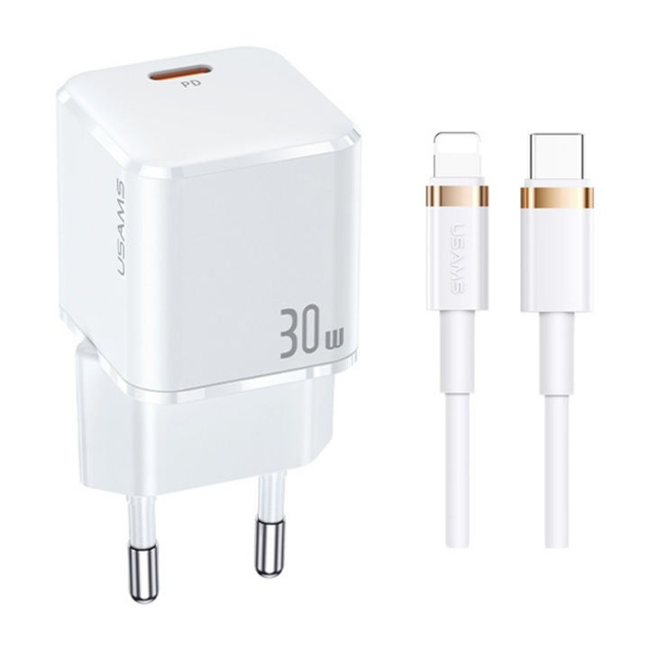 Fali töltő, Usams, Lightning/USB-C, 30 W, Fehér
