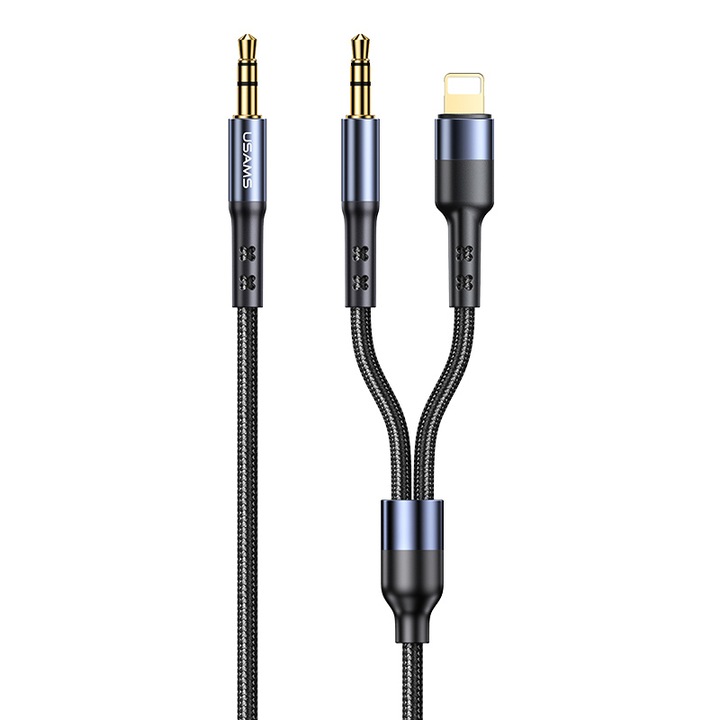 Аудио кабел, Usams, 2X жак 3,5 mm/Lightning, 1,2 m, черен