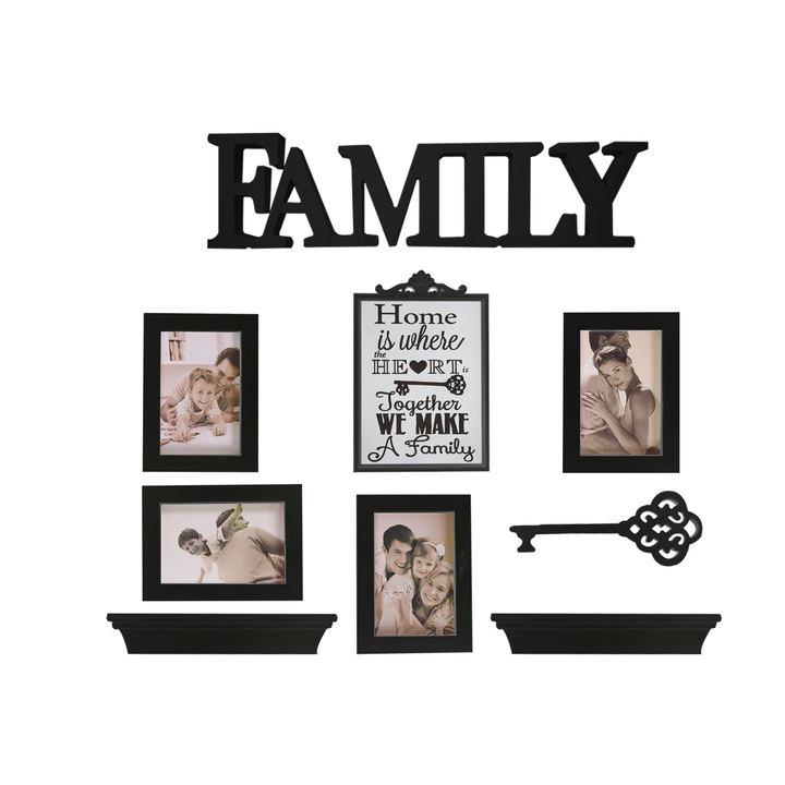 Set 4 rame foto, Naimeed D4597N, 2 polite si 3 ornamente, Negru