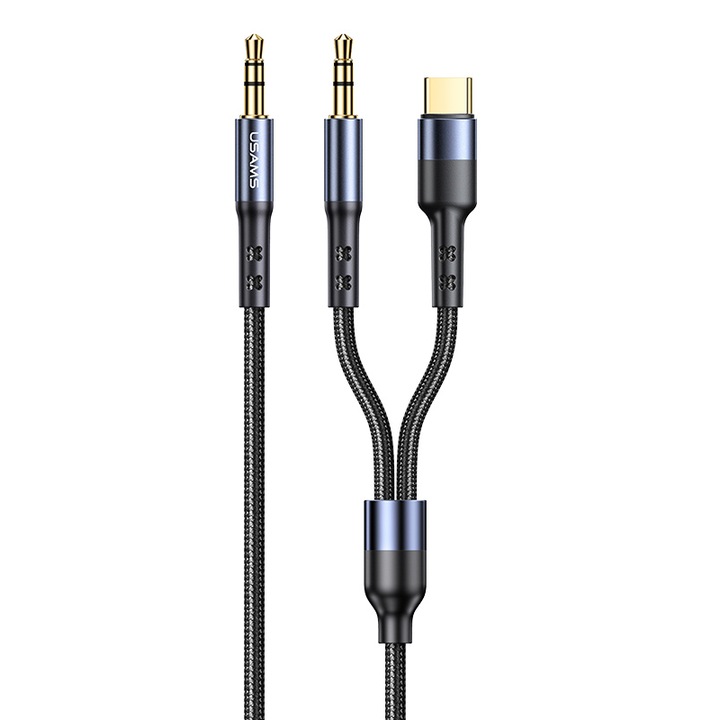 Аудио кабел, Usams, 2X жак 3,5 мм/USB-C, 1,2 м, черен