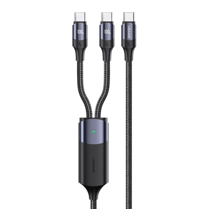 Cablu de date, Usams, 3X USB-C, 100 W, 1.2 m, Negru