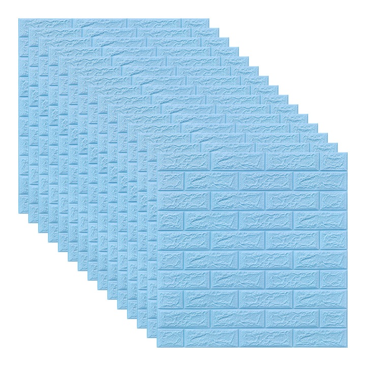 Set 15x Tapet 3D, autoadeziv/autocolant, spuma moale, design modern, pentru interior, usor de curatat, rezistent la apa, dimensiuni 70 cm x 70 cm x 0,3 cm, model caramida, Albastru, Selling Depot