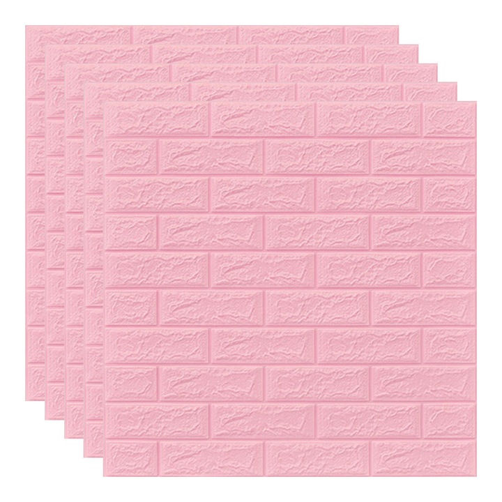 Set 5x Tapet 3D, autoadeziv/autocolant, spuma moale, design modern, pentru interior, usor de curatat, rezistent la apa, dimensiuni 70 cm x 70 cm x 0,3 cm, model caramida, Roz, RIF REFCO ®