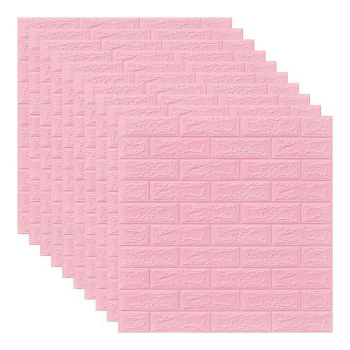Set 10x Tapet 3D, autoadeziv/autocolant, spuma moale, design modern, pentru interior, usor de curatat, rezistent la apa, dimensiuni 70 cm x 70 cm x 0,3 cm, model caramida, Roz, Selling Depot