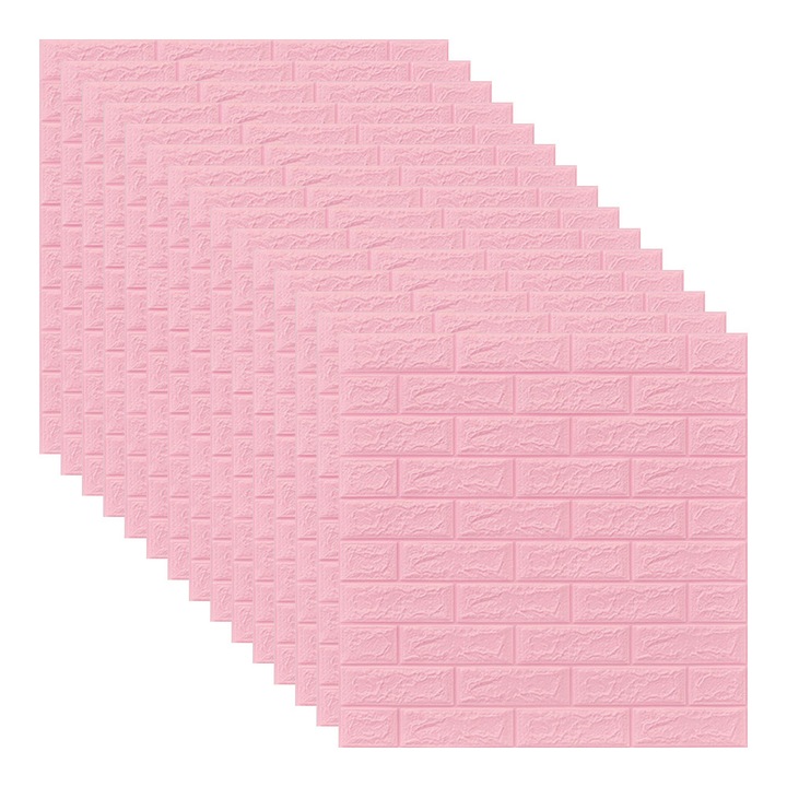 Set 15x Tapet 3D, autoadeziv/autocolant, spuma moale, design modern, pentru interior, usor de curatat, rezistent la apa, dimensiuni 70 cm x 70 cm x 0,3 cm, model caramida, Roz, RIF REFCO ®