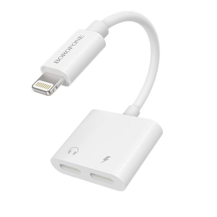 Convertor audio digital Borofone BV11 pentru Lightning catre 2 porturi tip Lightning, alb