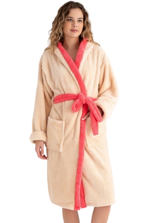 Halat dama, StarFashion, de baie/casa, pufos, cocolino, cu gluga, cu buzunare si cordon in talie
