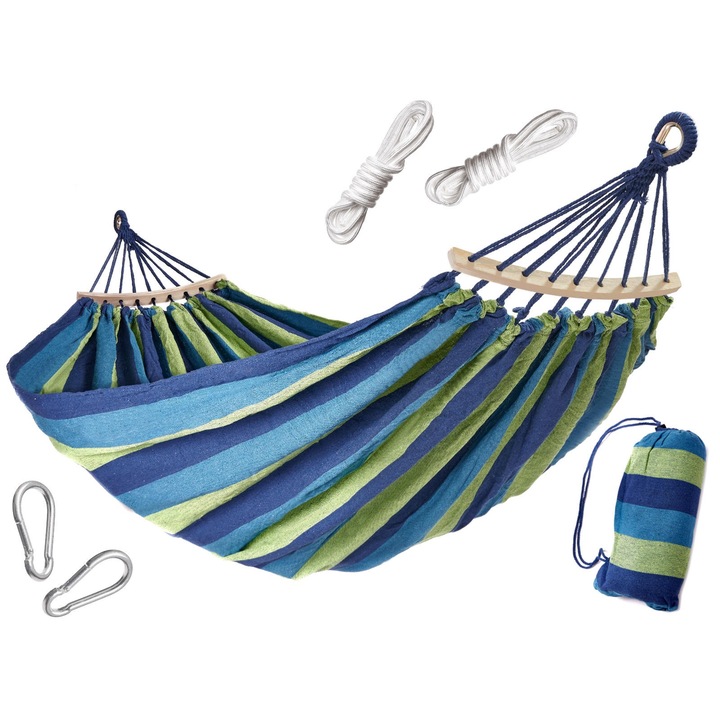 Двоен хамак, 200 x 150 см, комплект за сглобяване, дървен бар, зелено/синьо