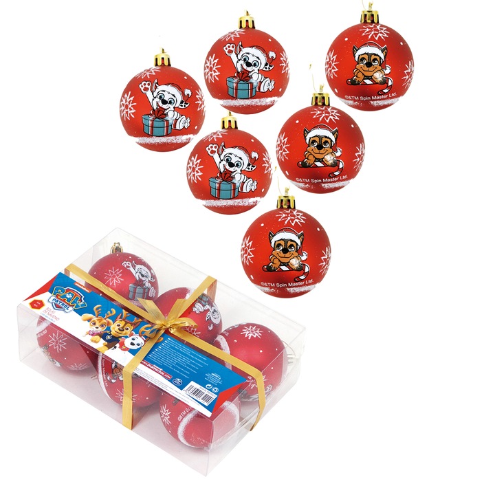 Set 6 globuri 8cm Craciun Paw Patrol rosii