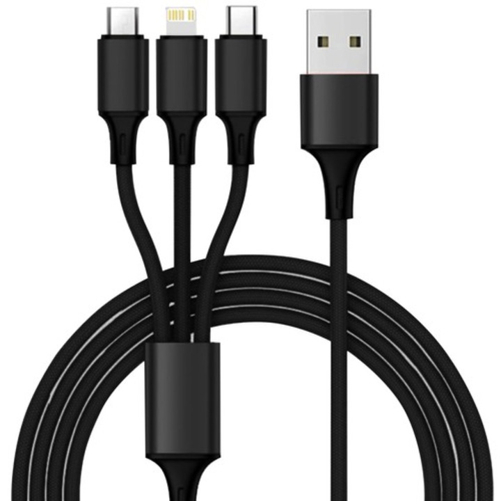 Кабел за зареждане 3 в 1, QuiK Charge 3.0, 120 cm, USB A към USB Type-C, microUSB, черен