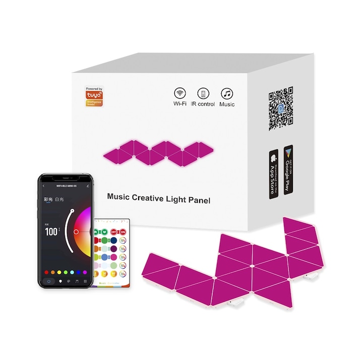 Panouri luminoase LED modulare inteligente Triunghiulare, LightinLove® RGBIC, WI-Fi, Bluetooth, sincronizare muzicala, compatibil IOS/Android, Tuya, Google Assistant/Amazon Alexa, Telecomanda, Dimmer, Timer, 6 panouri