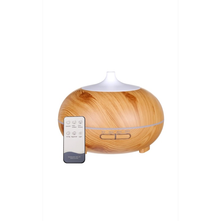 Umidificator difuzor aromaterapie, 7 lumini led colorate, capacitate 500 ml, ultrasonic, cu telecomanda si timer