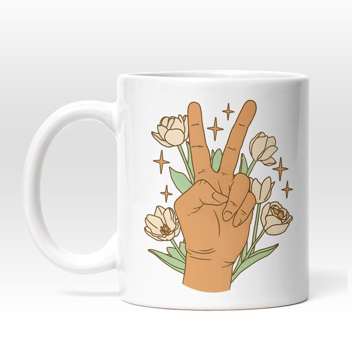 Cana Mana Aratand Semnul Pacii, Ceramica, 330 ml, Maro, Galben, Verde