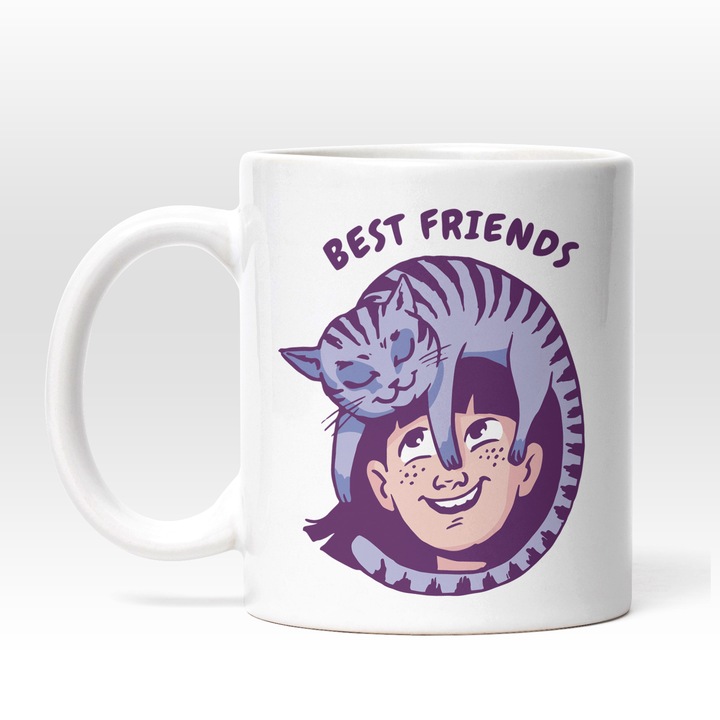 Cana Cei Mai Buni Prieteni Pisica si Fata, Ceramica, 330 ml, Mov, Roz