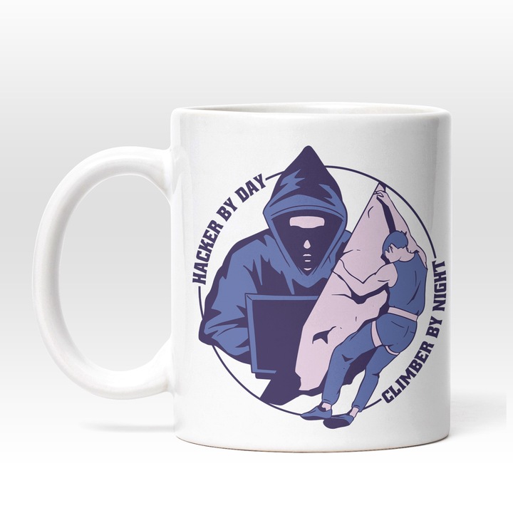 Cana Hacker by Day Climber by Night, Ceramica, 330 ml, Mov, Roz