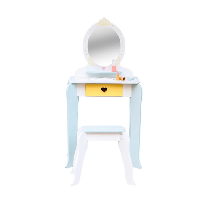 Masuta de machiaj OMC cu scaun si 7 accesorii, lemn, Multicolor