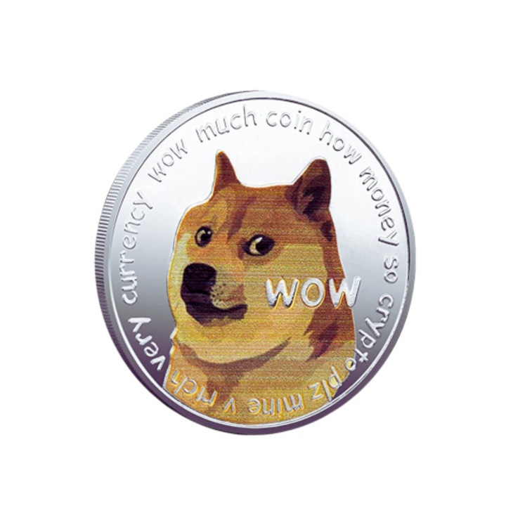 Decoratiune, Dogecoin Moneda de Colectie din Metal gros 3mm, Crypto Suvenir, DOGE, Silver Color