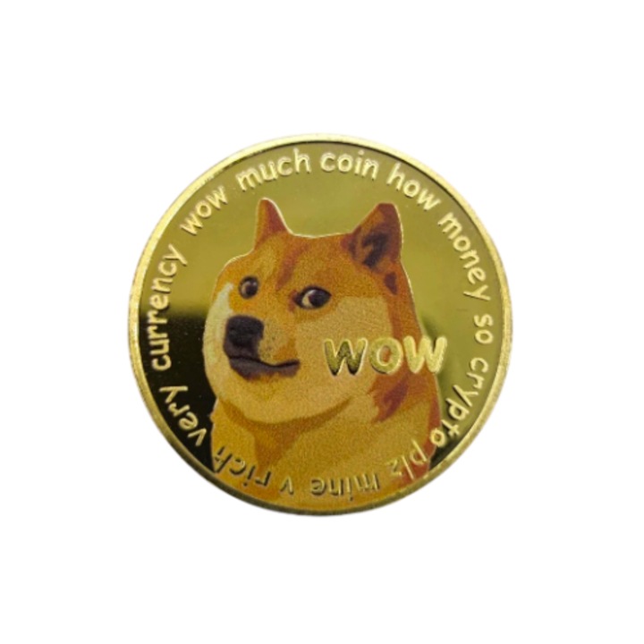 Decoratiune, Dogecoin Moneda de Colectie din Metal gros 3mm, Crypto Suvenir, DOGE, Gold Color