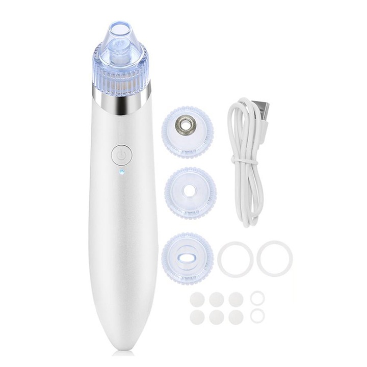 Уред за почистване на лице KilPor 2.0 Pore Cleaner Преносим за премахване на черни точки, Грижа за кожата срещу акне с 4 сменяеми глави, Безжична USB акумулаторна, Масажиращ и засмукващ за премахване на бръчки, бял