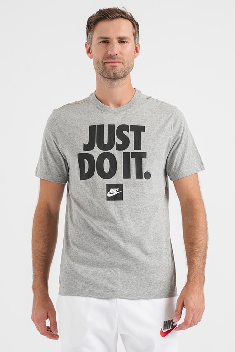 Nike, Памучна тениска Sportswear с принт, Черен/Сив меланж