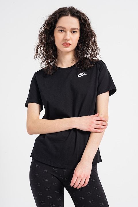 Nike, Тениска Sportswear Club Essentials с овално деколте, Черен