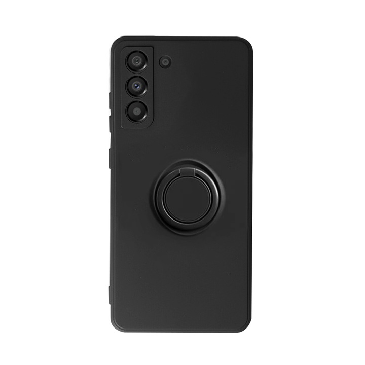 Samsung Galaxy S21 FE-vel kompatibilis Safe Flex Ring tok, Mikroszálas belső, Matt design, Mágneses gyűrű 360 fokban tartáshoz/forgatáshoz, Ütésálló, Puha szilikon, Textúra matt/sima felülettel, Tapadásmentes, Fekete