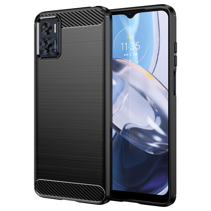 Karbon telefontok, Motorola Moto E22 kompatibilis, páncélozott ütésálló G-Tech, matt felület, fekete