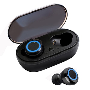 Casti Bluetooth Y50, Vaxiuja, Wireless, tws5.0, Cutie pentru Incarcare 450 mAh, Microfon Incoporat, Handsfree, Control Volum, Rezistent la Apa, Negru/Albastru