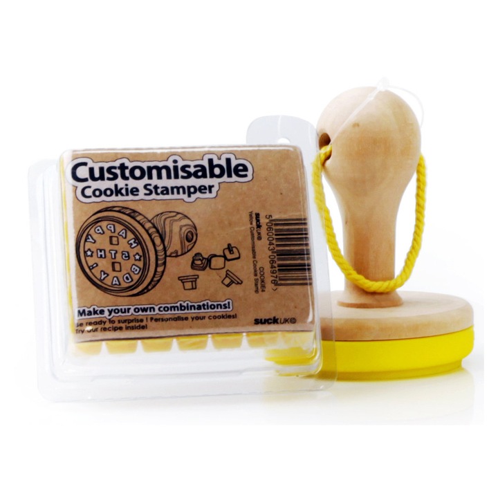 Set stampila pentru biscuiti, mesaj personalizabil, 1 buc per set, 7 x 9 x 7 cm, silicon si lemn