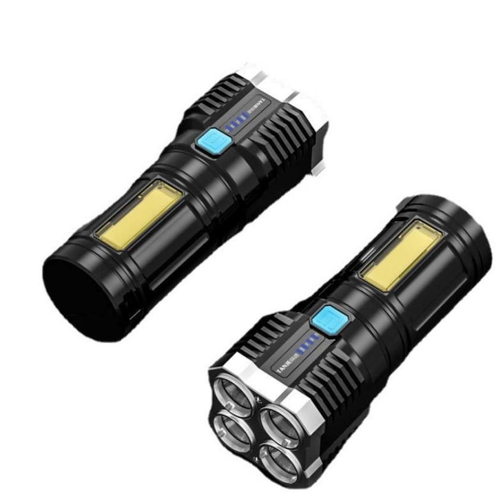 Lanterna portabila xLIGHT, 421 lm, 6500k, waterproof, incarcare USB, 4 x LED P1000, indicator nivel baterie, lumina COB, baterie Li-Ion 2300mA, 4 moduri iluminare, carcasa din ABS si PVC, cablu incarcare inclus, distanta maxima iluminare 30 metri, Negru