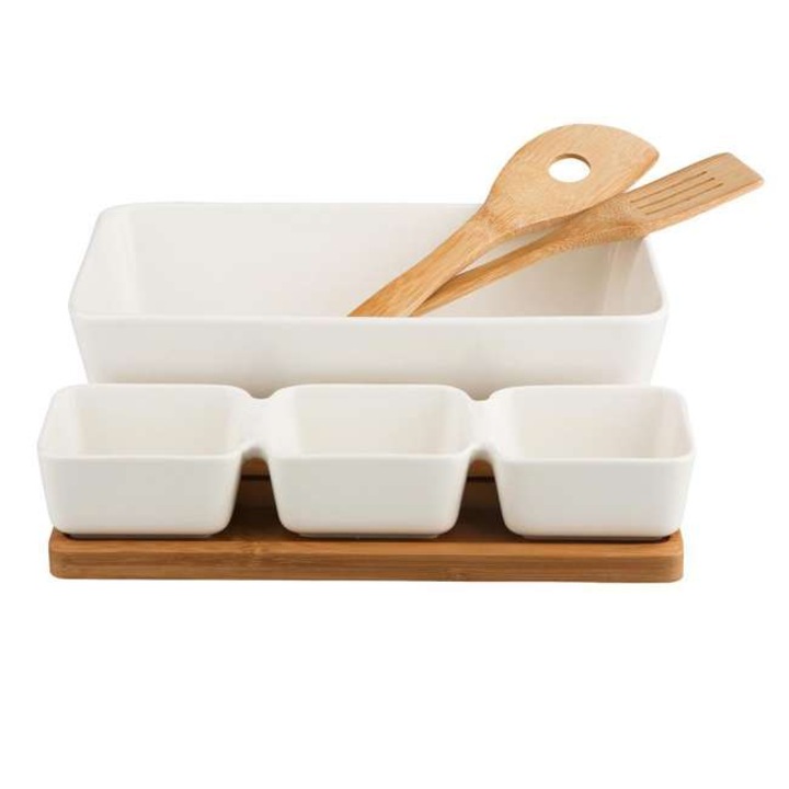 Set pentru salata, Altomdesign, Portelan/Bambus, Alb/Bej