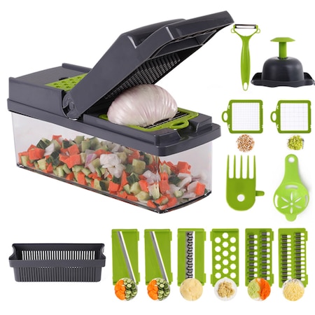 Tocator de legume manual, TopGearWorld, 15in1, 8 Lame, Gri/Verde