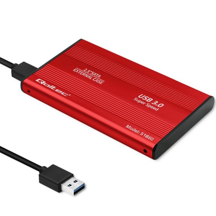Carcasa de protectie, Qoltec, 2.5" SATA3, USB 3.0, HDD, SSD, rosu