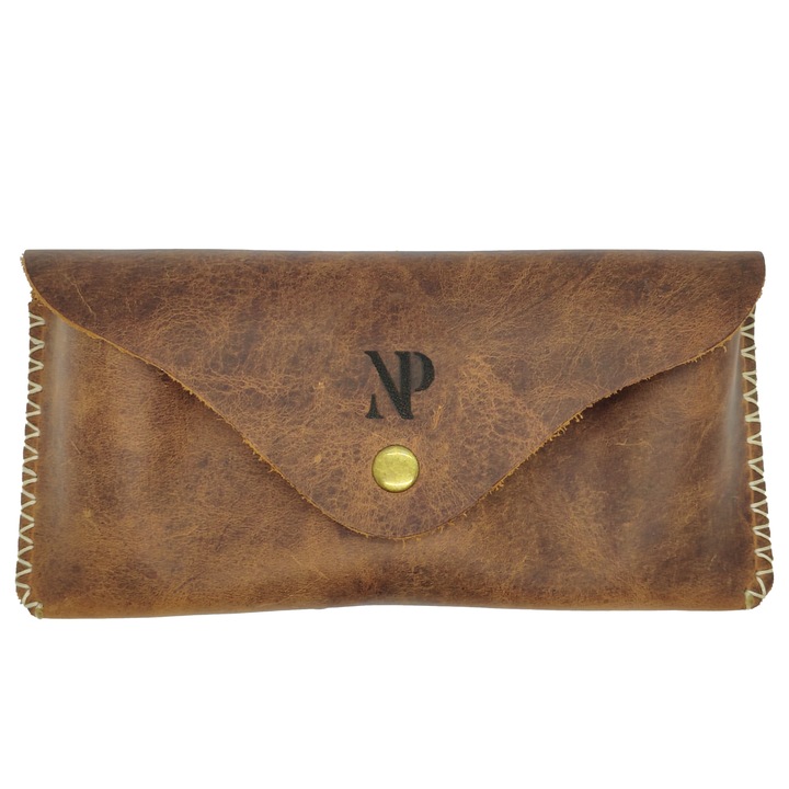 Toc de ochelari soare sau vedere, cu capsa din piele naturala, Maro