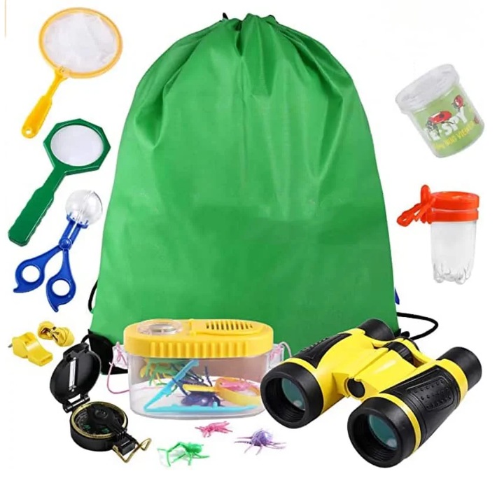 Set cercetator pentru copii, pentru cercetarea si explorarea naturii in aer liber, cu binoclu, busola, fluier, plasa de fluturi, lupa, penseta pentru insecte