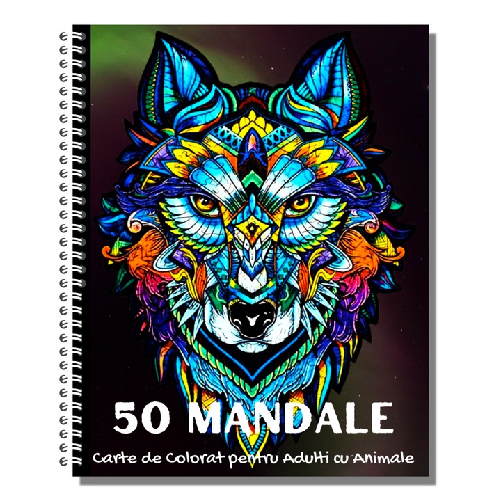 Carte de Colorat pentru Adulti, 50 de Mandale cu Animale, 102 Pagini