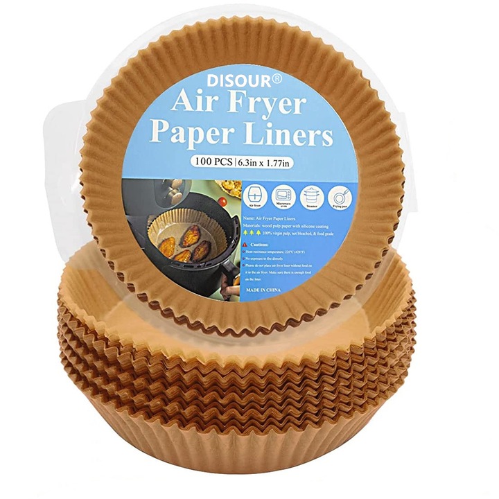 Hartie de copt, DISOUR, Pentru air fryer, 100 bucati, 16cm, Maro