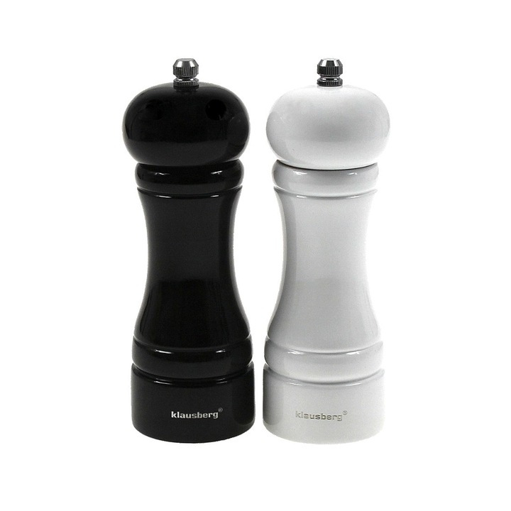 Set de 2 rasnite pentru sare, piper si alte condimente, din lemn masiv, reincarcabile, 5,5x16,3 cm, mecanism de reglabil, alb negru, Klausberg