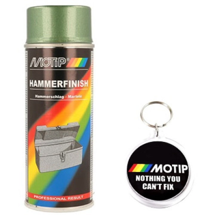 Set Spray Lac Cu Uscare Rapida Hammer Finish Verde 400 Ml cu Breloc Motip