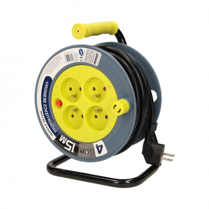 Удължителна макара с барабан, Orno, Пластмаса/Метал, 4 гнезда, 15 м, Жълто/Черно