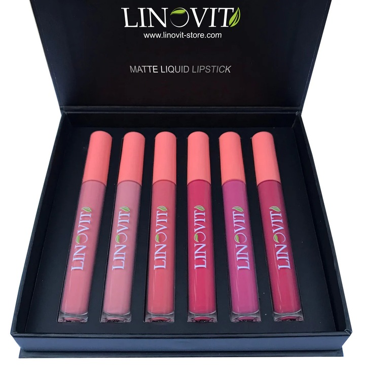Set 6 rujuri lichide Linovit, Mate, Rezistente la transfer, Waterproof, 6 X 2.5 ml, Rose / Nude