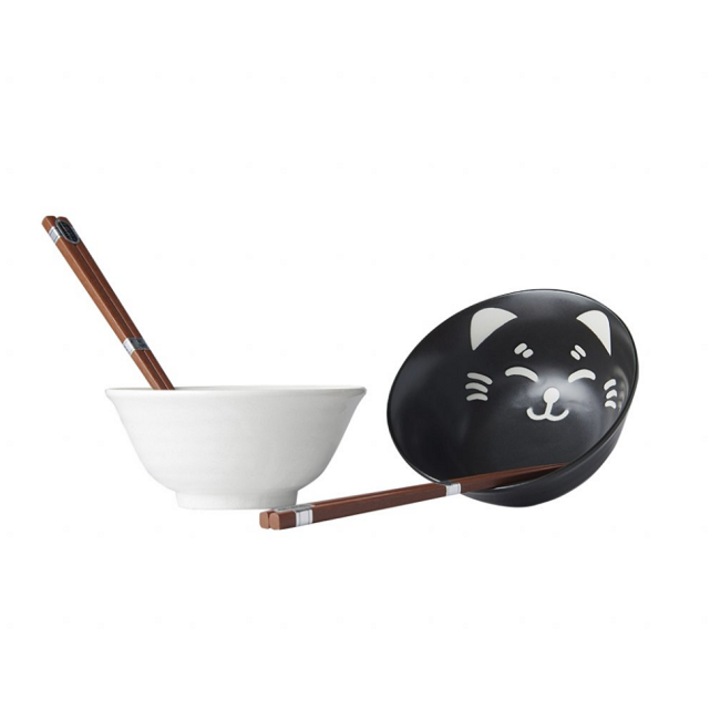 Tál macska arc készlet 2 x 400 ml pálcikával, fehér/fekete