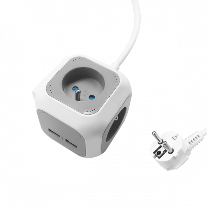 Удължител с 4 гнезда, Orno, Кабел 1,4 м, 2 x USB, Бял/Сив