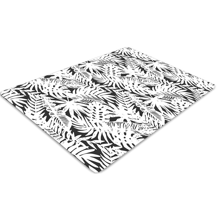 Covor pentru scaun de birou, PVC, frunze albe negre, Gri, 140 cm x 100 cm, 010250310030100030534