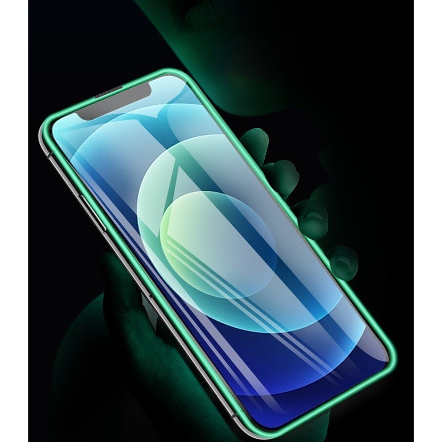 Folie Sticla Securizata Flippy, Luminous, compatibila cu Apple iPhone 12, Margine fosforescenta verde