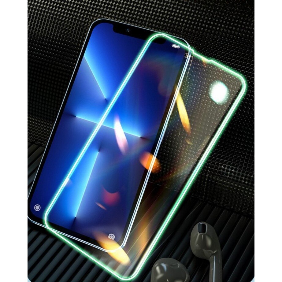 Folie Sticla Securizata Flippy, Luminous, compatibila cu Apple iPhone 12, Margine fosforescenta verde