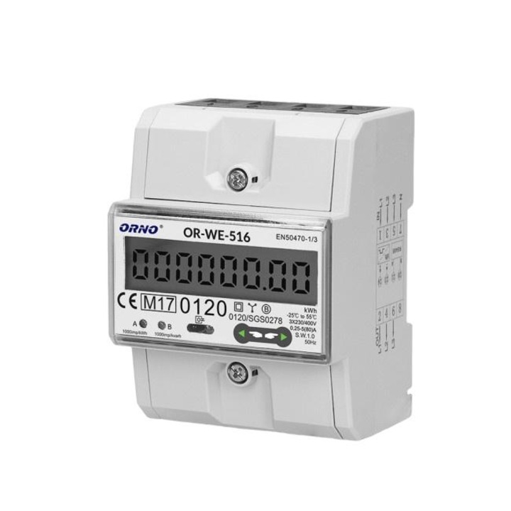 Contor trifazat, Orno, 80A, port RS-485, 3 module, Alb