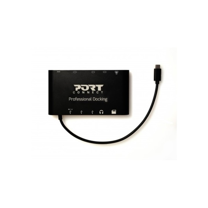Port Connect - Докинг станция, TYPE C TRAVEL 1 X 4K ++1VGA, 1HDMI, 1 miniDP, 3xUSB-A, 1x USB-C, RJ45, SD/MMC&Micro SD